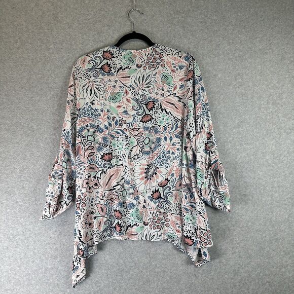 TORRID Plus 1X Gauze Roll Tab Sleeve Tunic Floral Open From Cardigan Waterfall - Picture 7 of 12